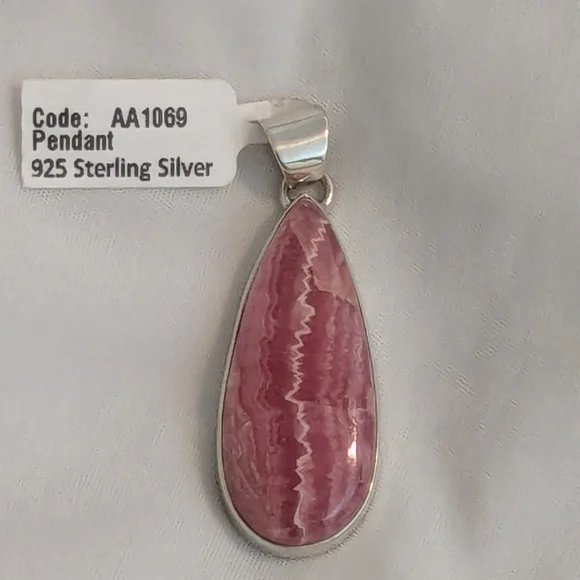 Amazing Pink Rhodochrosite Teardrop Sterling Silver 925 Pendant New With Tag - Picture 2 of 9